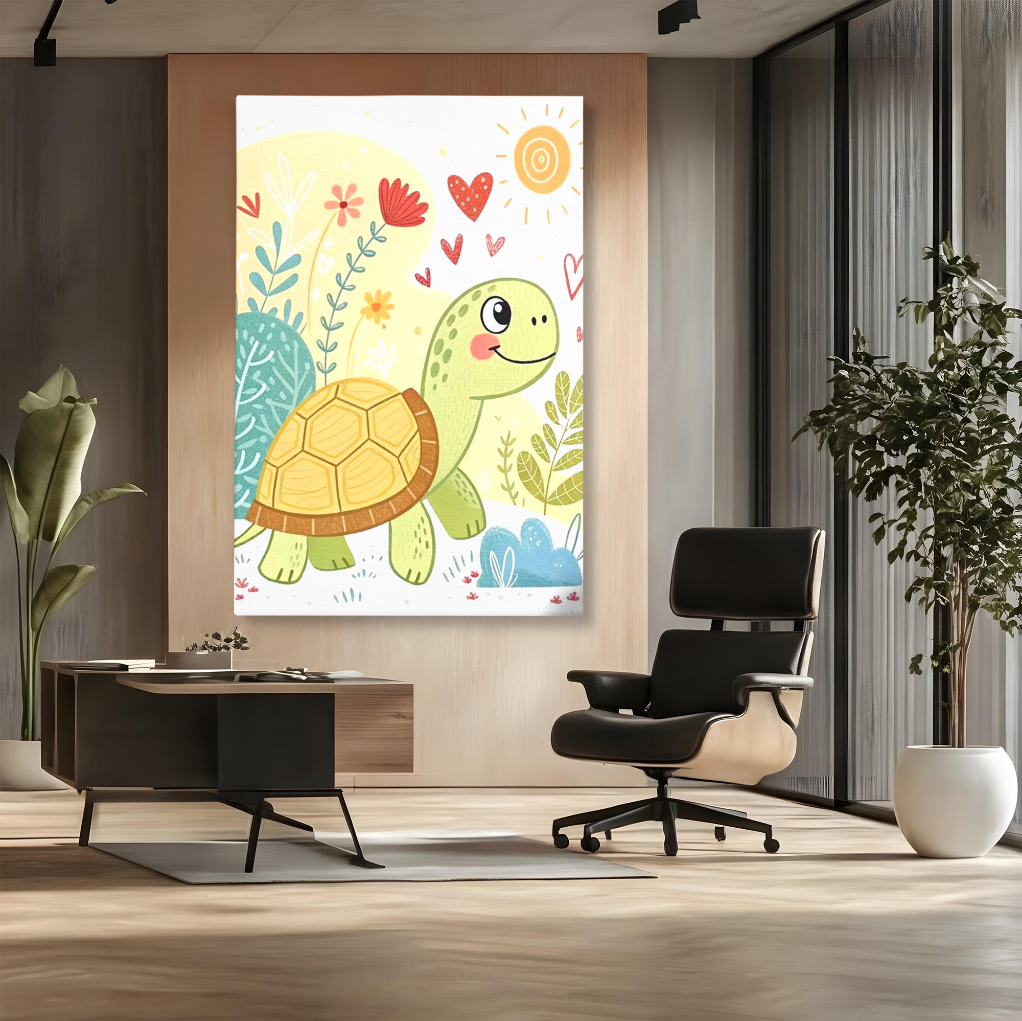 Tablou canvas cu ilustratie cu testoasa vesela printre flori, fara rama, pe sasiu de lemn, pe perete intr-un birou